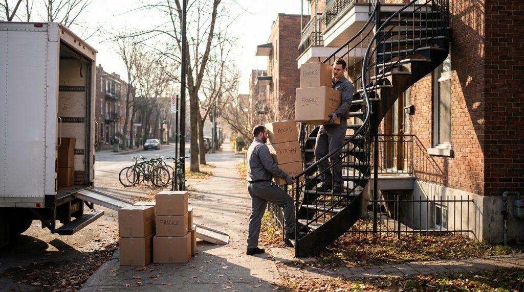 Deux déménageurs descendent des boîtes par un escalier extérieur en colimaçon à Montréal