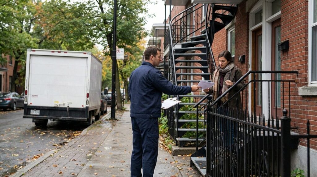Un déménageur remet un contrat écrit à une cliente devant un triplex de Montréal
