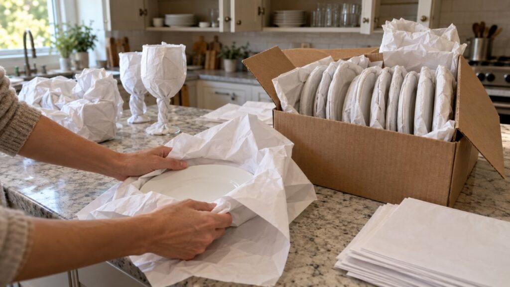 Mains qui emballent une assiette blanche dans du papier à côté d'une boîte de déménagement où les assiettes sont placées debout sur la tranche